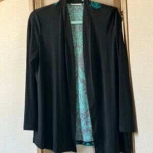 Susan graver Black Open Front Cardigan with Teal Patterned back medium
